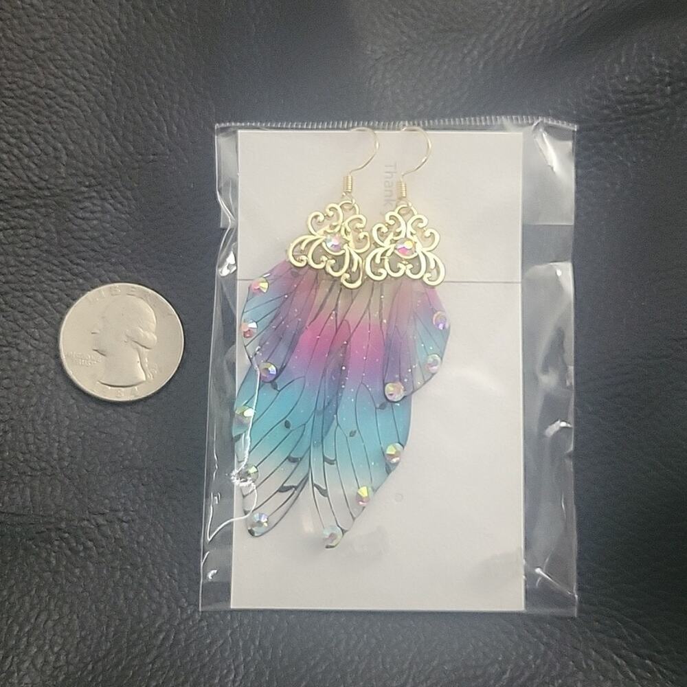Rainbow multicolor gradient fairy butterfly wing earrings with rhinestones - Picture 2 of 2